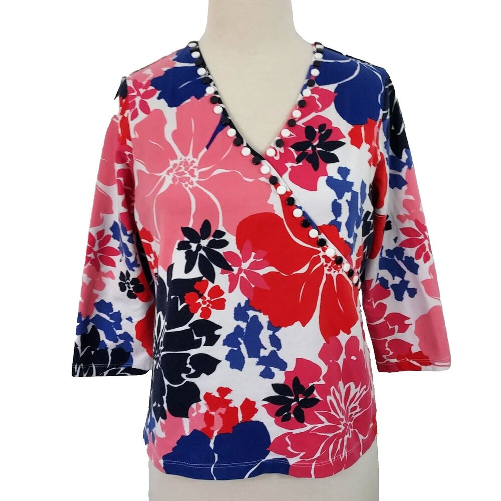Ruby Rd T Shirt Top Stretch Floral Womens Size PL V Neck 3/4 Sleeves Comfy